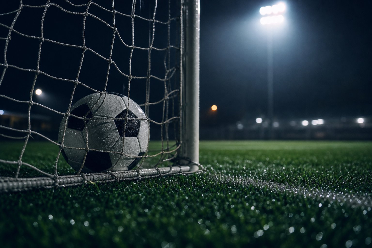 Fußball im Tornetz auf Flutlichtrasen – Symbolbild für Bundesliga-Wetten