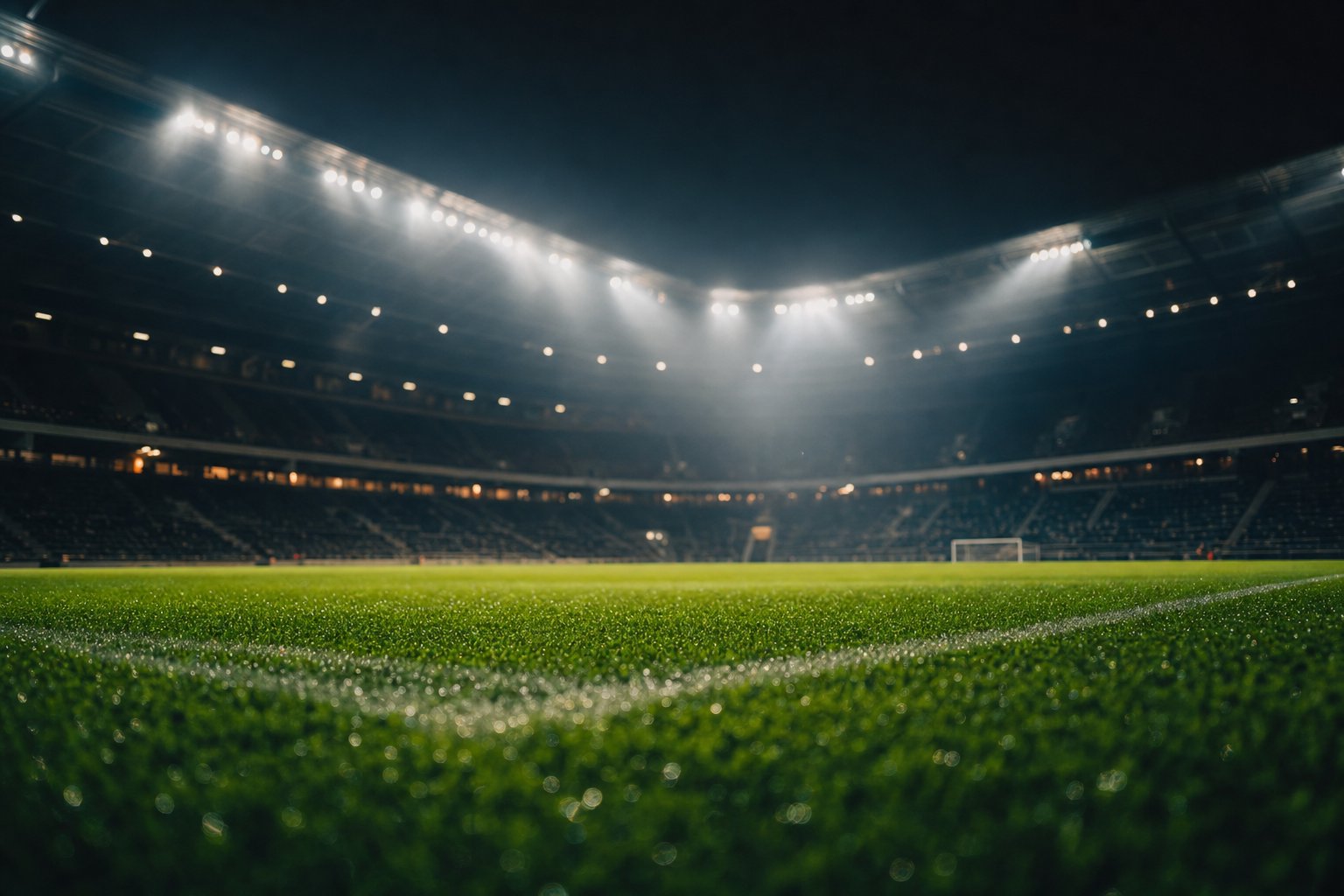 Flutlicht-Stadion bei Nacht, Tau auf dem Rasen, diagonale Lichtstrahlen im Dunst
